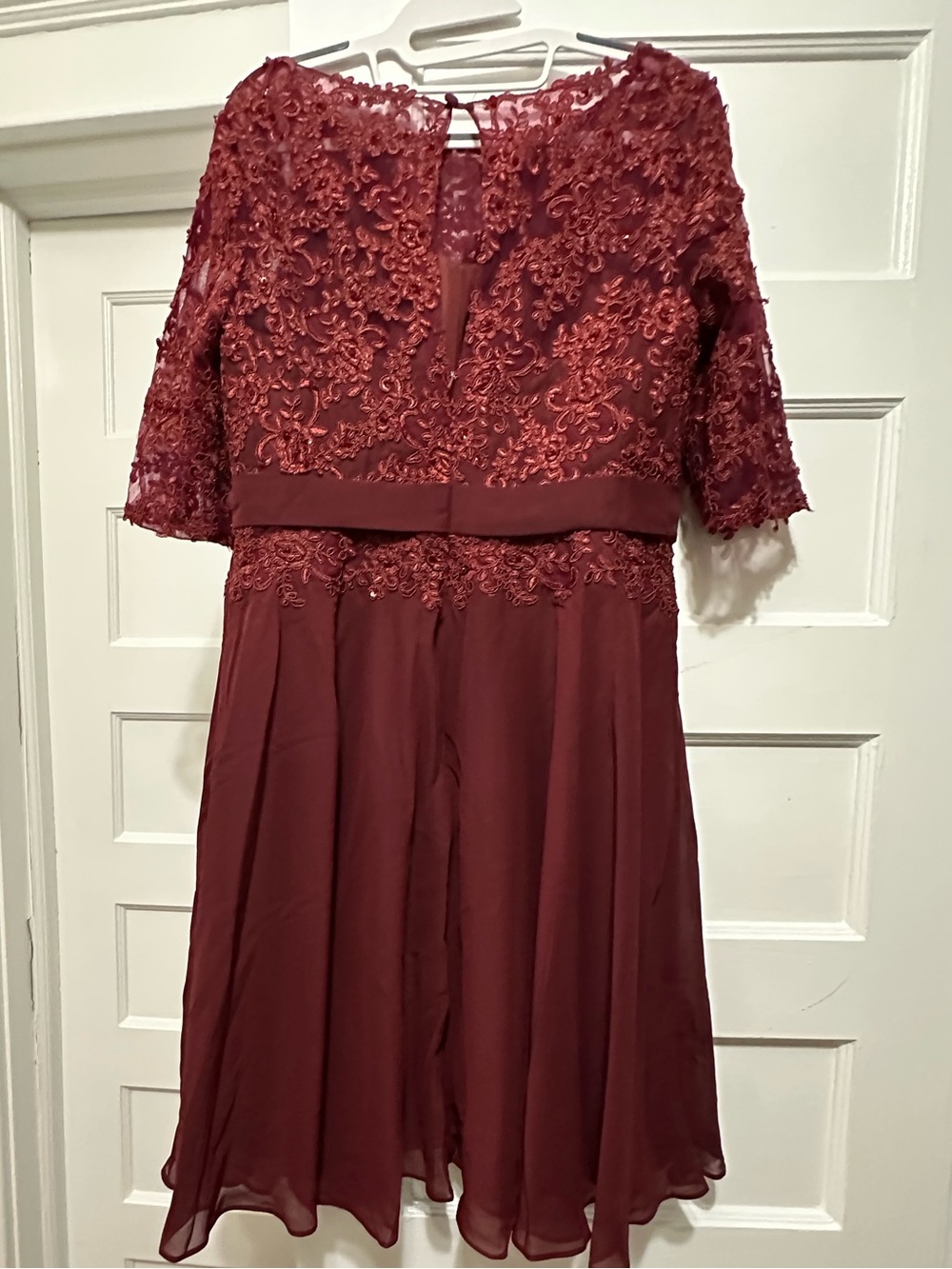JJs House Burgundy Lace & Chiffon Formal Dress